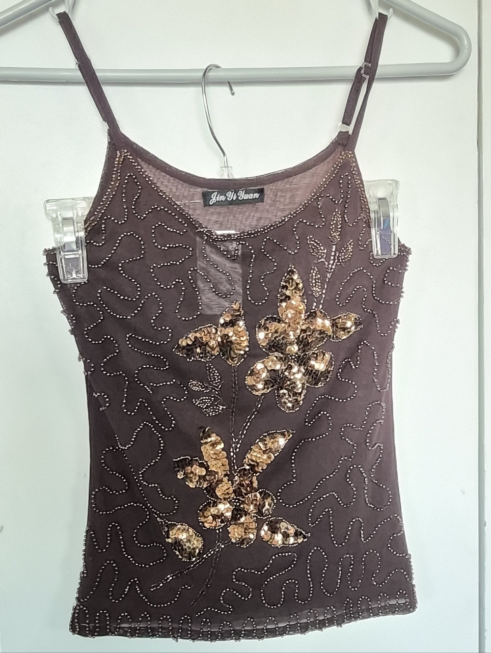 Y2k Beaded Sheer Tank Top Floral Squence Adjustable Strap Brown Boho